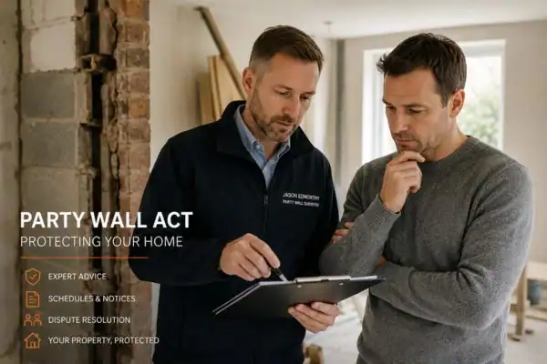 Party wall surveyor Avonmouth and Lawrence Weston discussing extension plans with homeowner outside a UK semi-detached house.